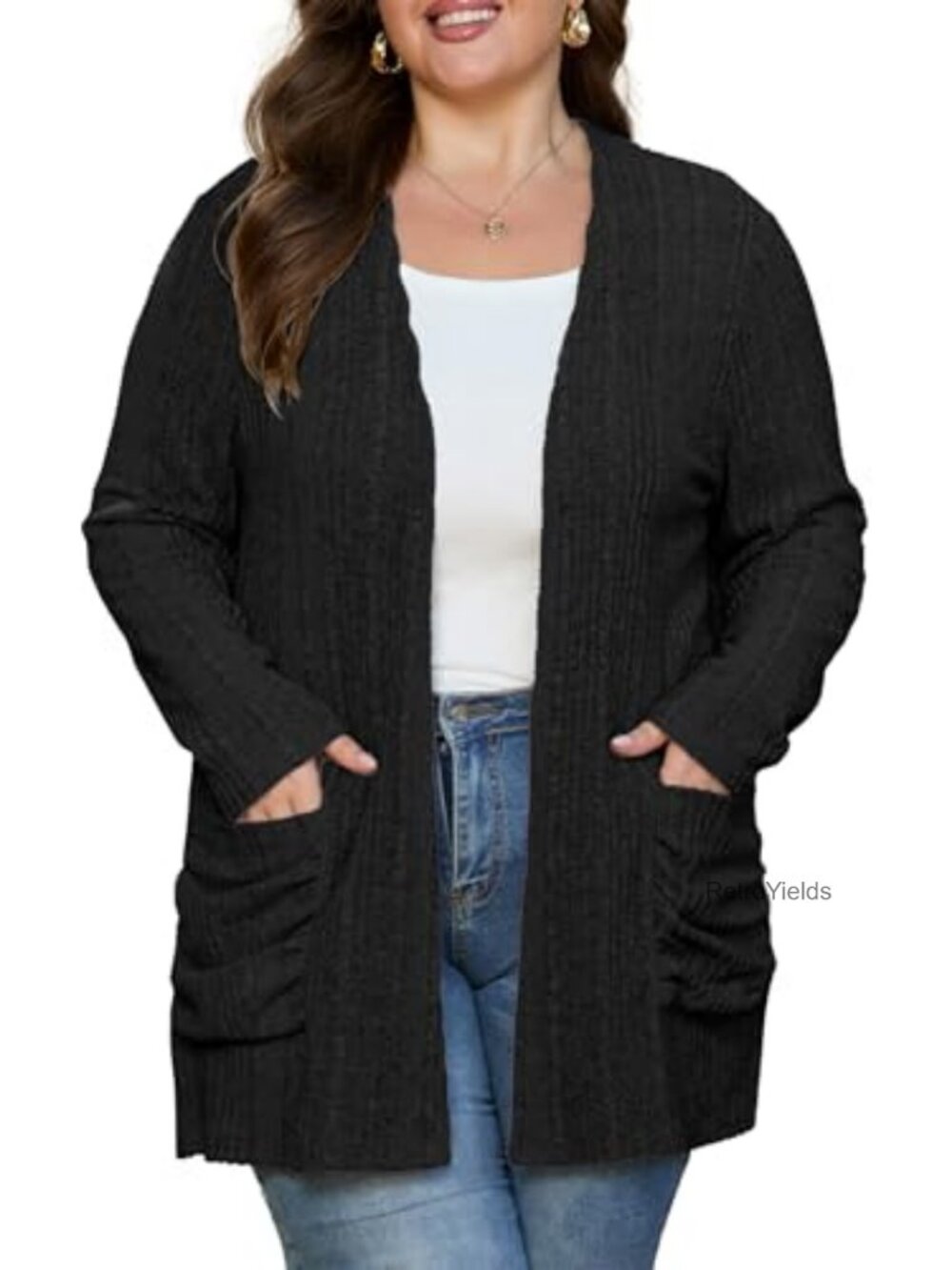 Plus Size Open Front Ribbed Knit Cardigan Long Sleeve Sweater with Pockets
